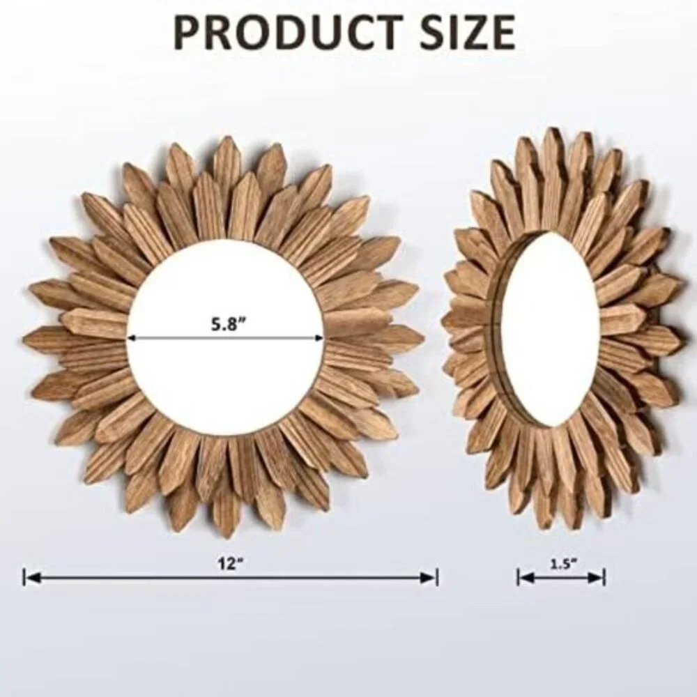 New 12Inch Rustic Sunburst Wall Mirror, Boho Decorative Mirror for Home Decor